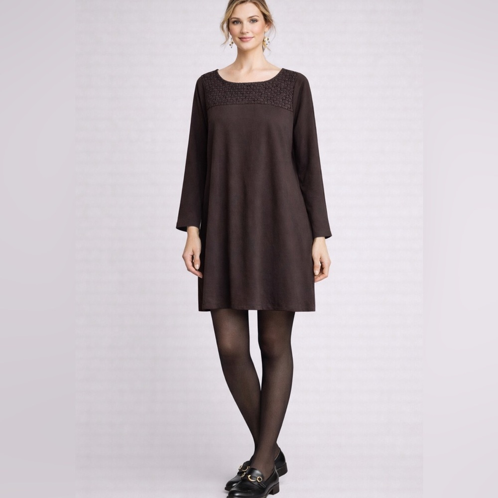 Boden Black Crochet Ponte Dress Women’s 14 Modest Quiet Luxury Office Casual
